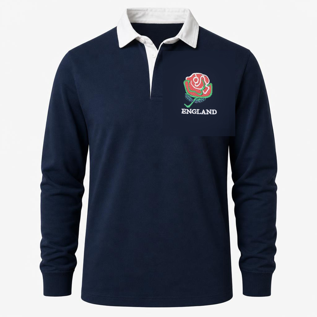 England retro rugby shirt with white collar and embroidered red rose crest